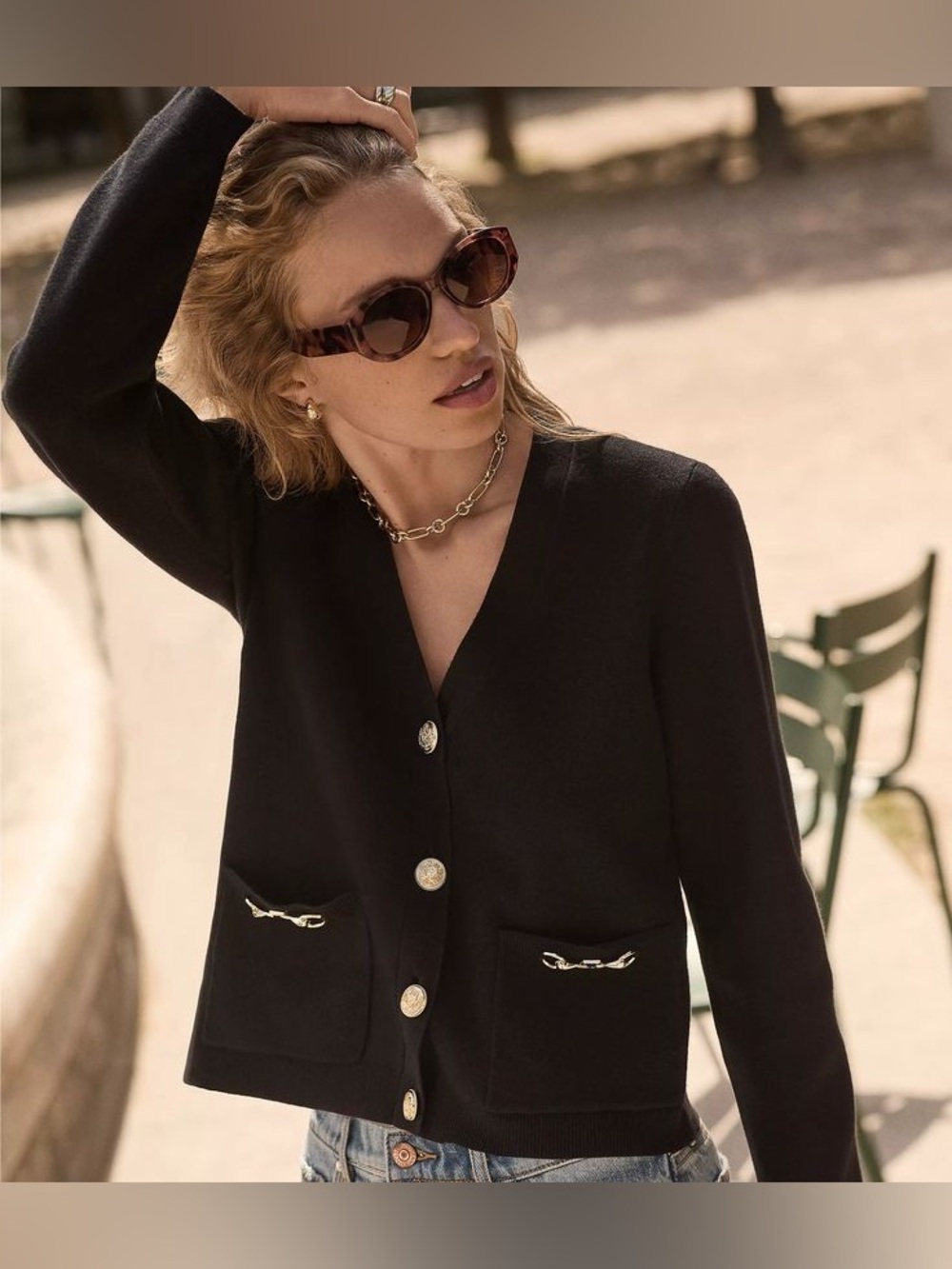 LOFT Horsebit V-Neck Cardigan Sweater Jacket Black Gold Hardware Womens Size XL